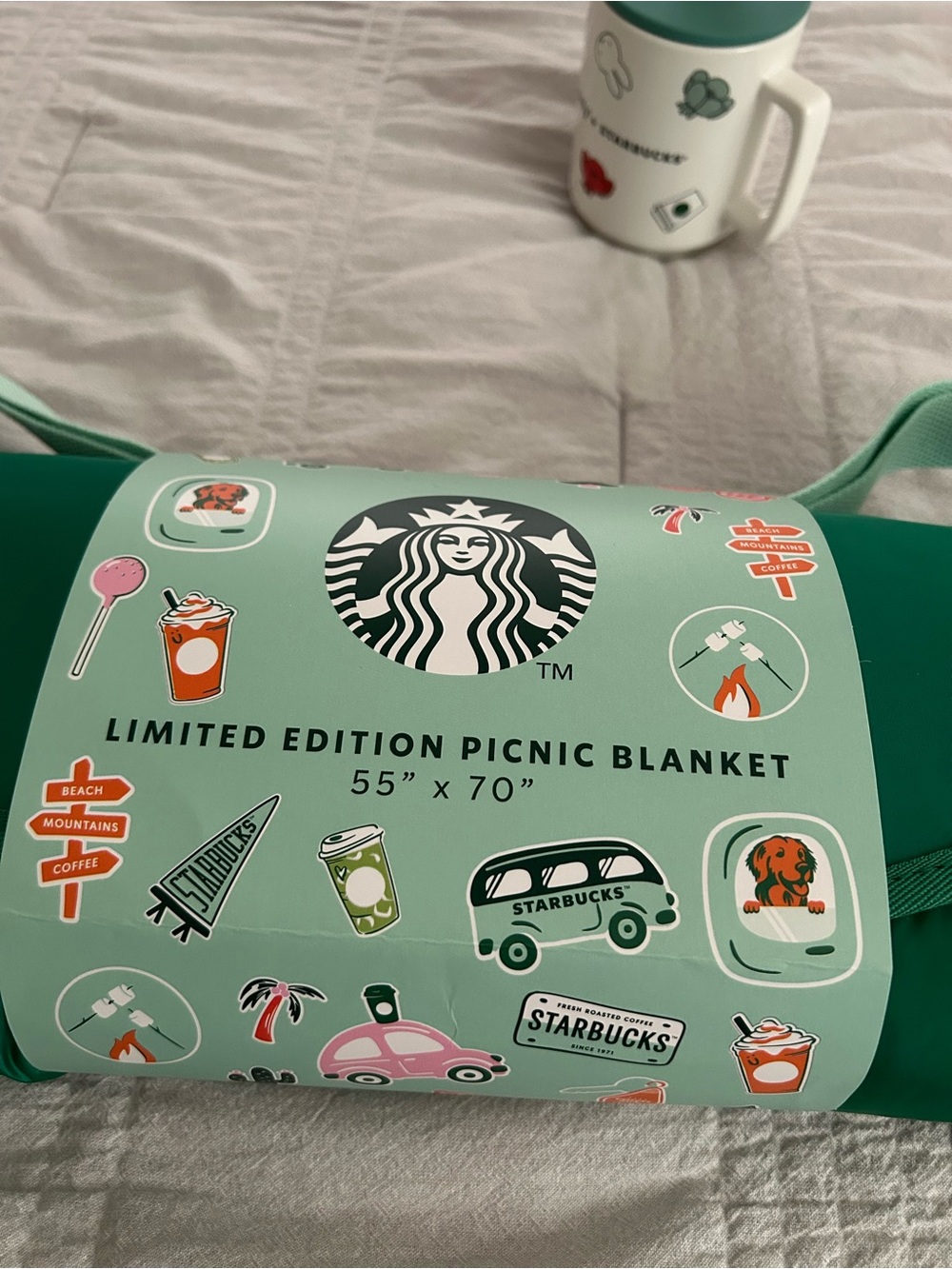 Starbucks Green Picnic Blanket with Mint Strap 55”X 70”